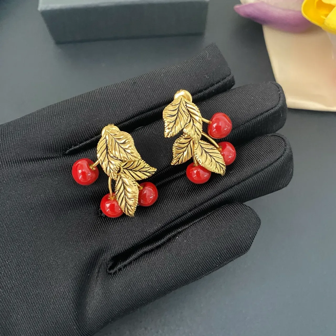 Cherry and Gold Leaf Motif Earrings 6