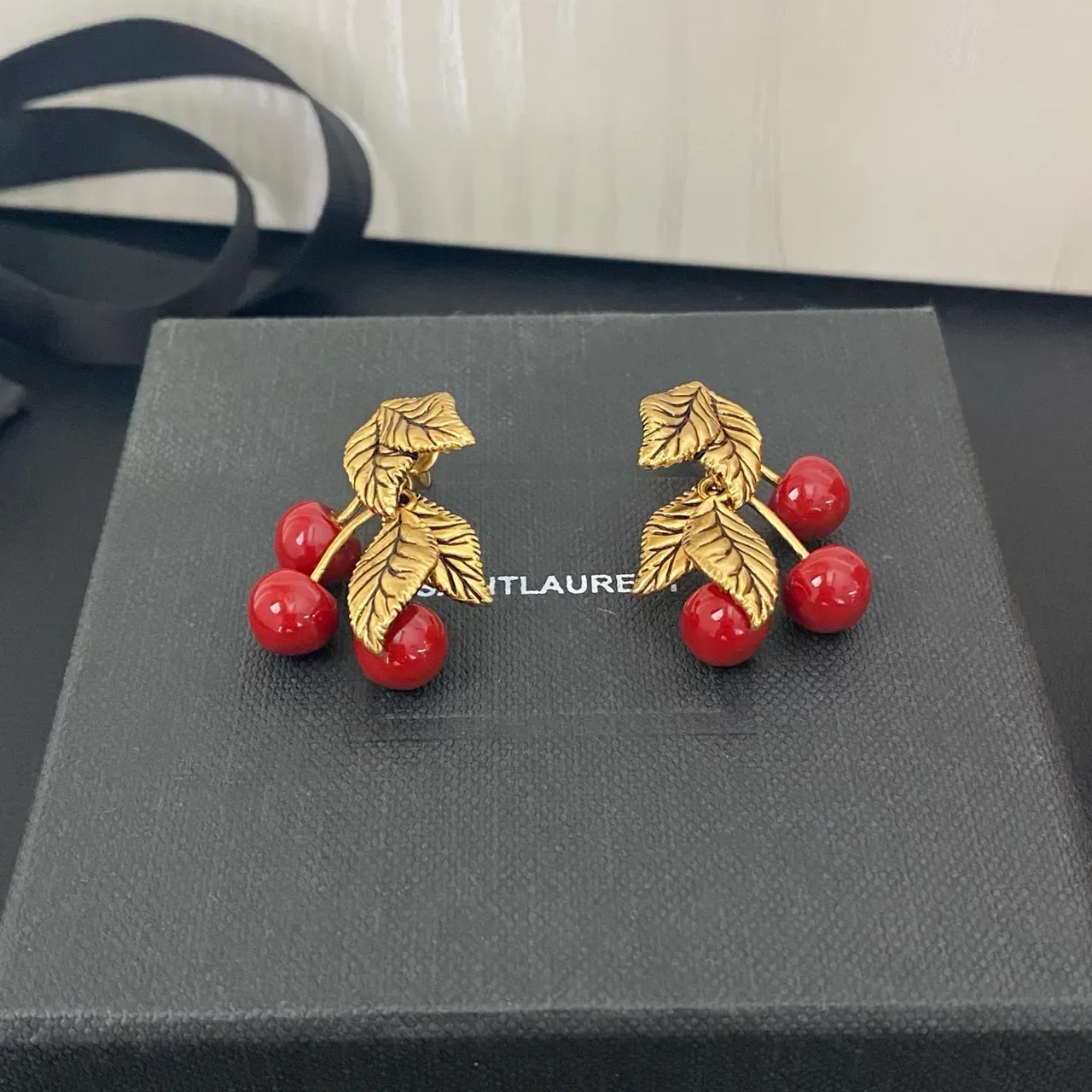 Cherry and Gold Leaf Motif Earrings 8