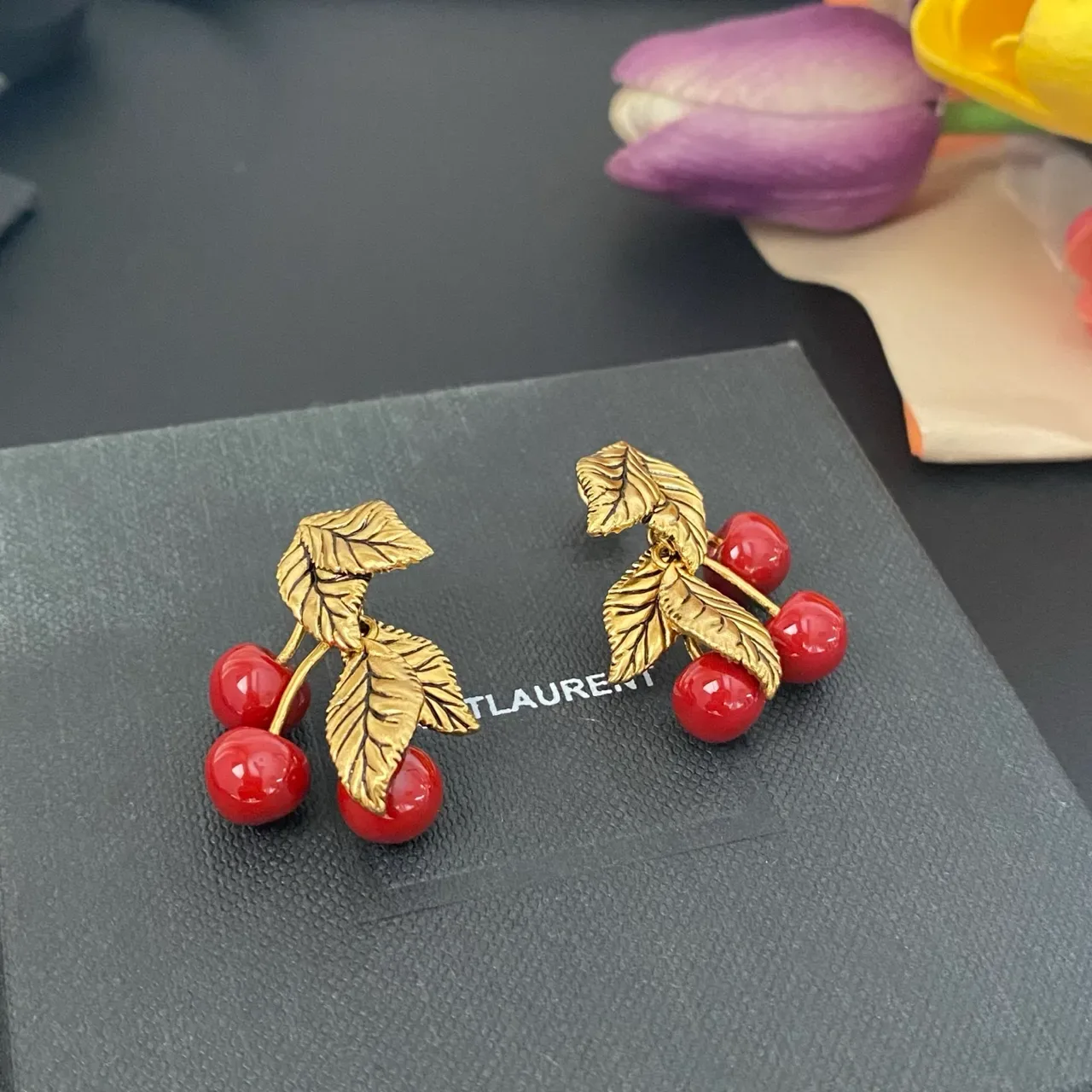 Cherry and Gold Leaf Motif Earrings 9