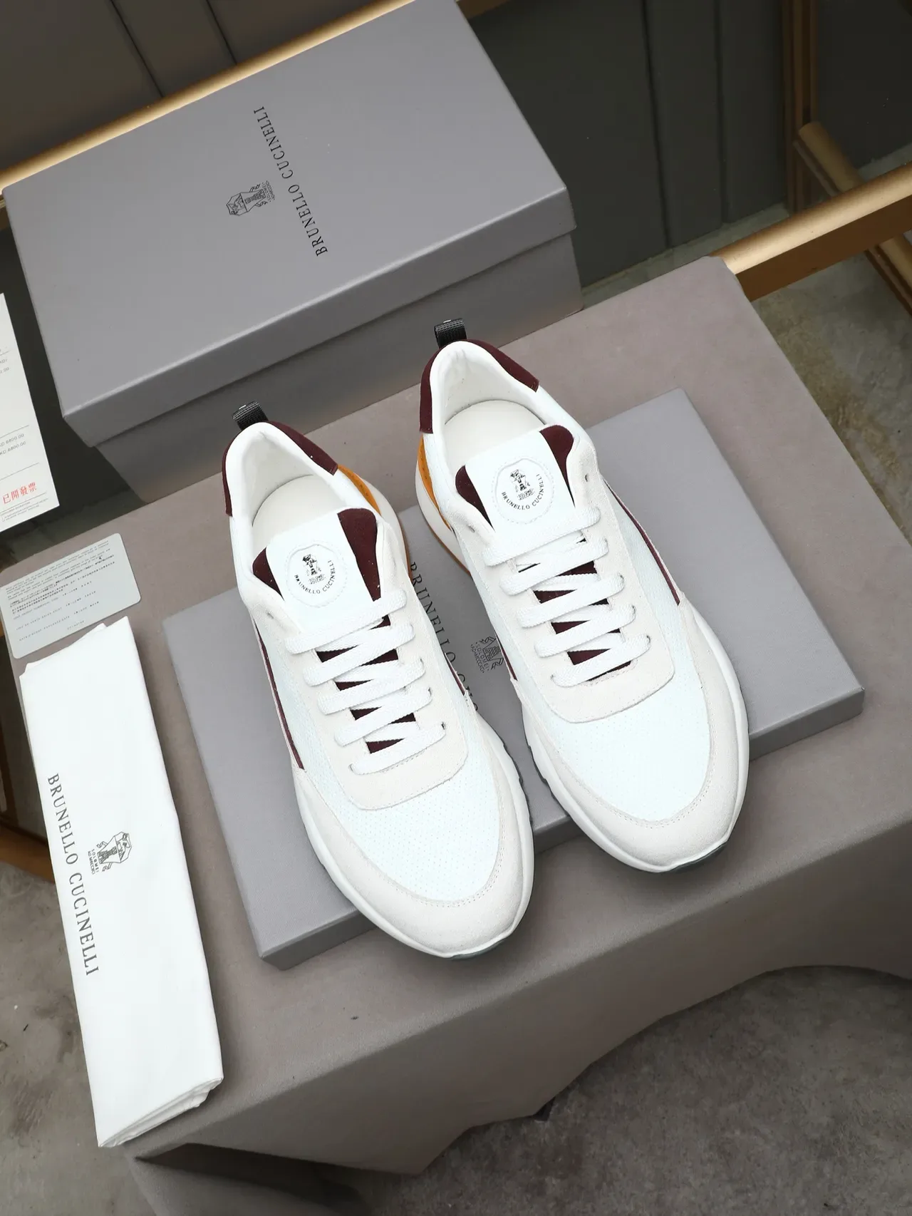 Cinelli White Burgundy Perforated Suede Upper Contrasting Heel Tab Sneakers 3