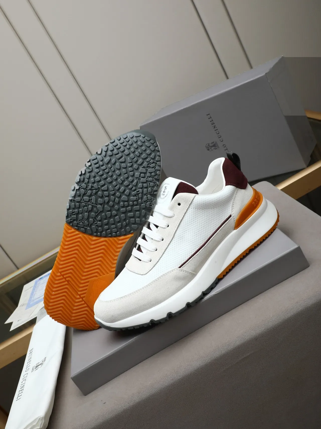 Cinelli White Burgundy Perforated Suede Upper Contrasting Heel Tab Sneakers 4