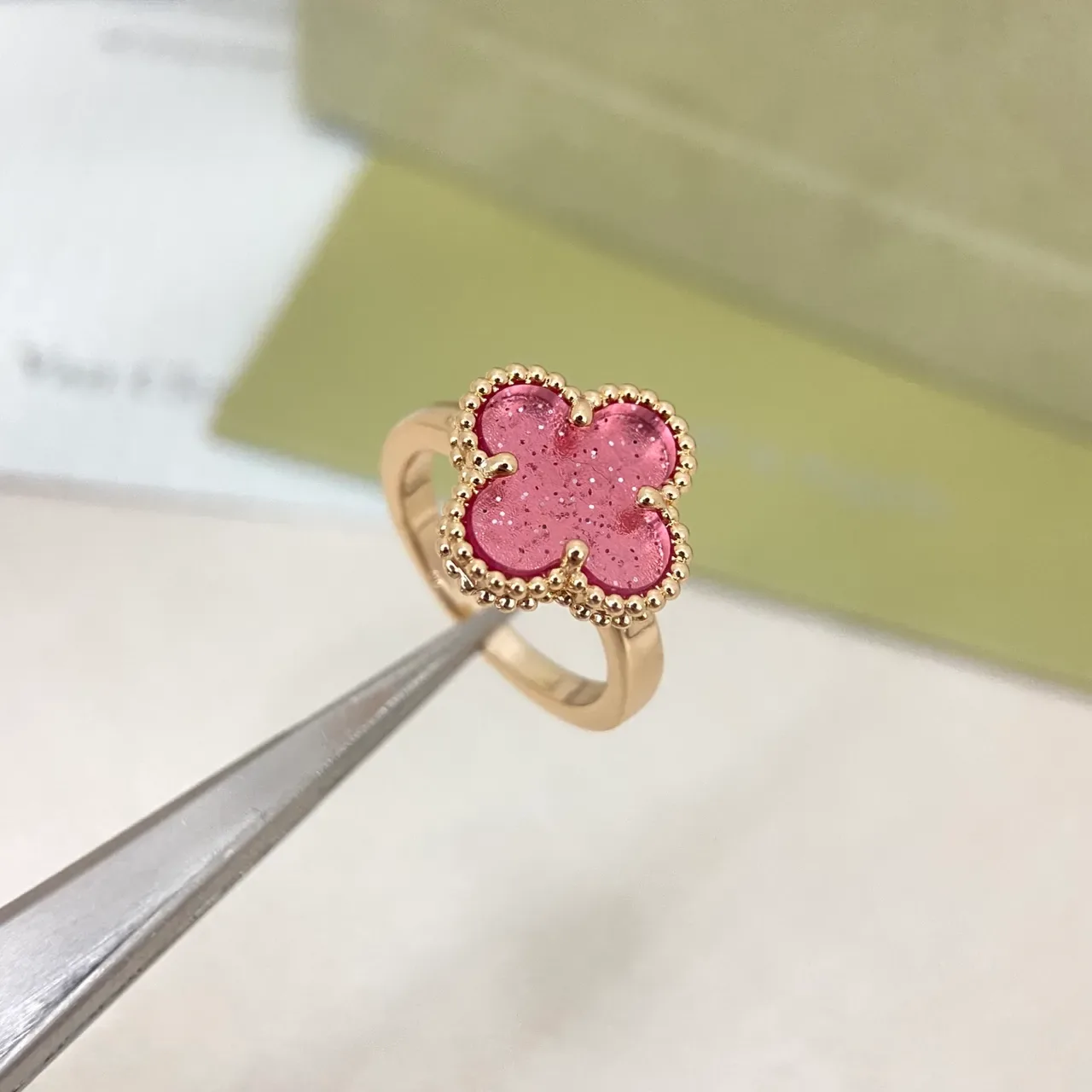 Clover-Shaped Beaded Bezels Resin Inlay Rings 4