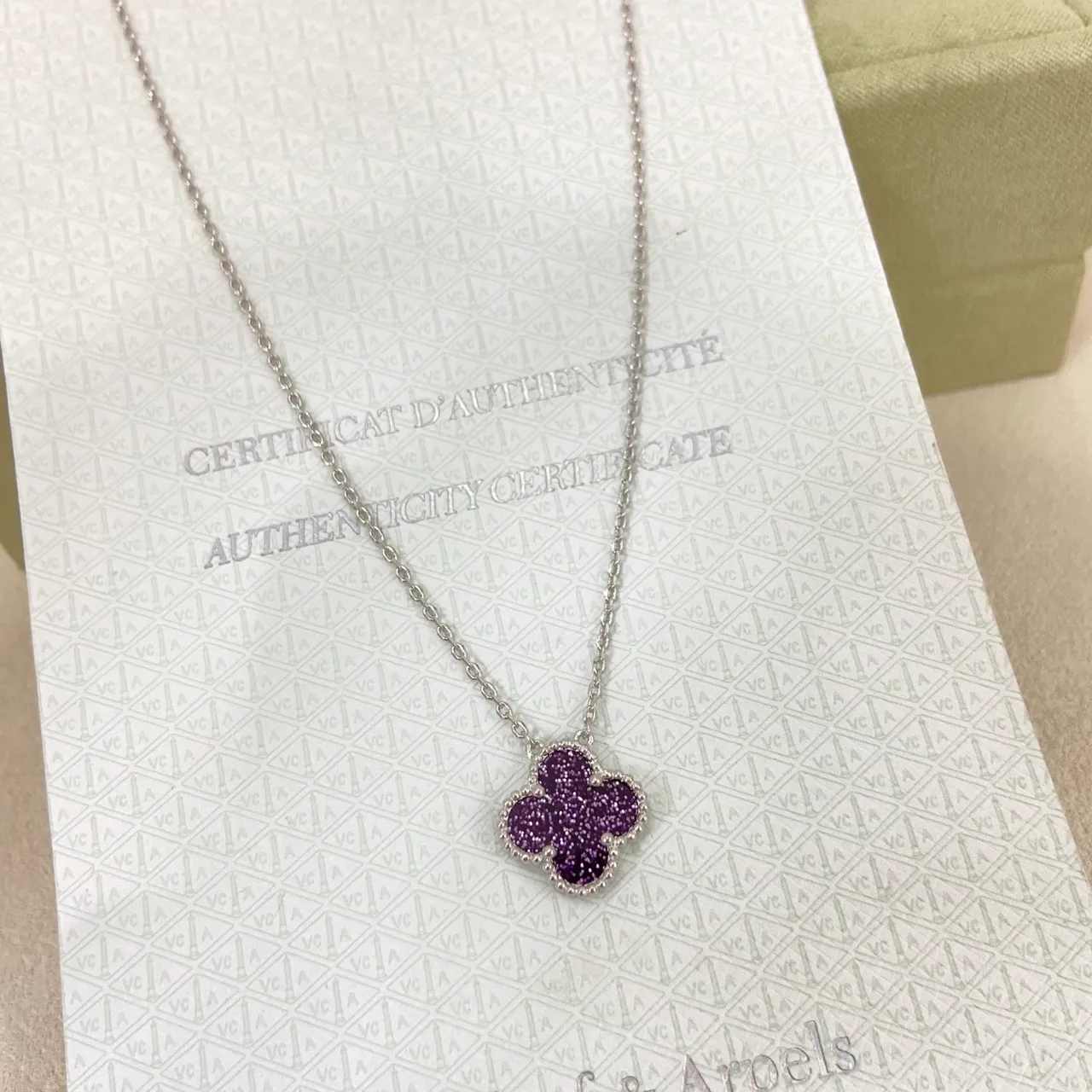 Clover-Shaped Glitter Purple Enamel Pendant Necklaces 4