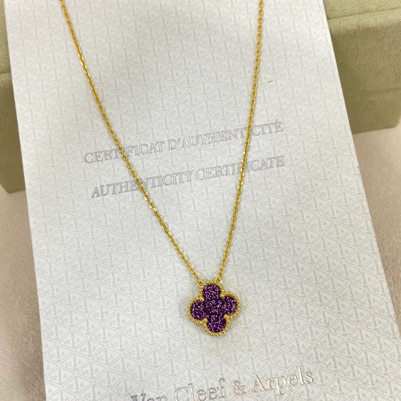 Clover-Shaped Glitter Purple Enamel Pendant Necklaces 5