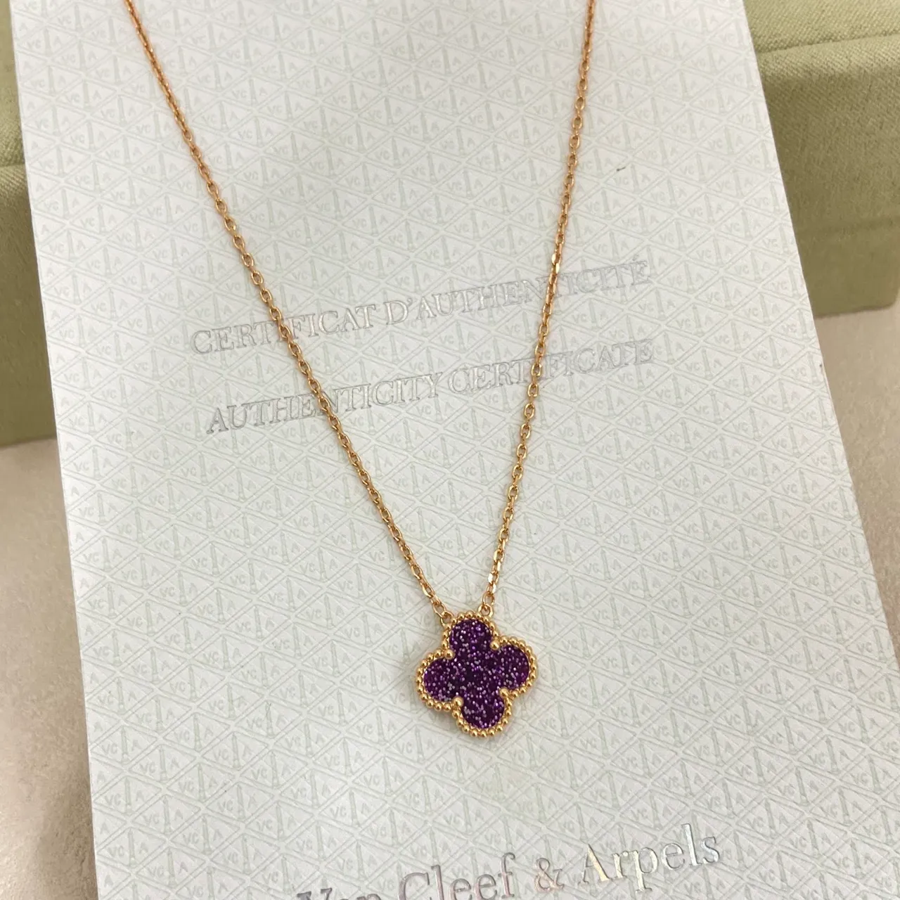 Clover-Shaped Glitter Purple Enamel Pendant Necklaces 6