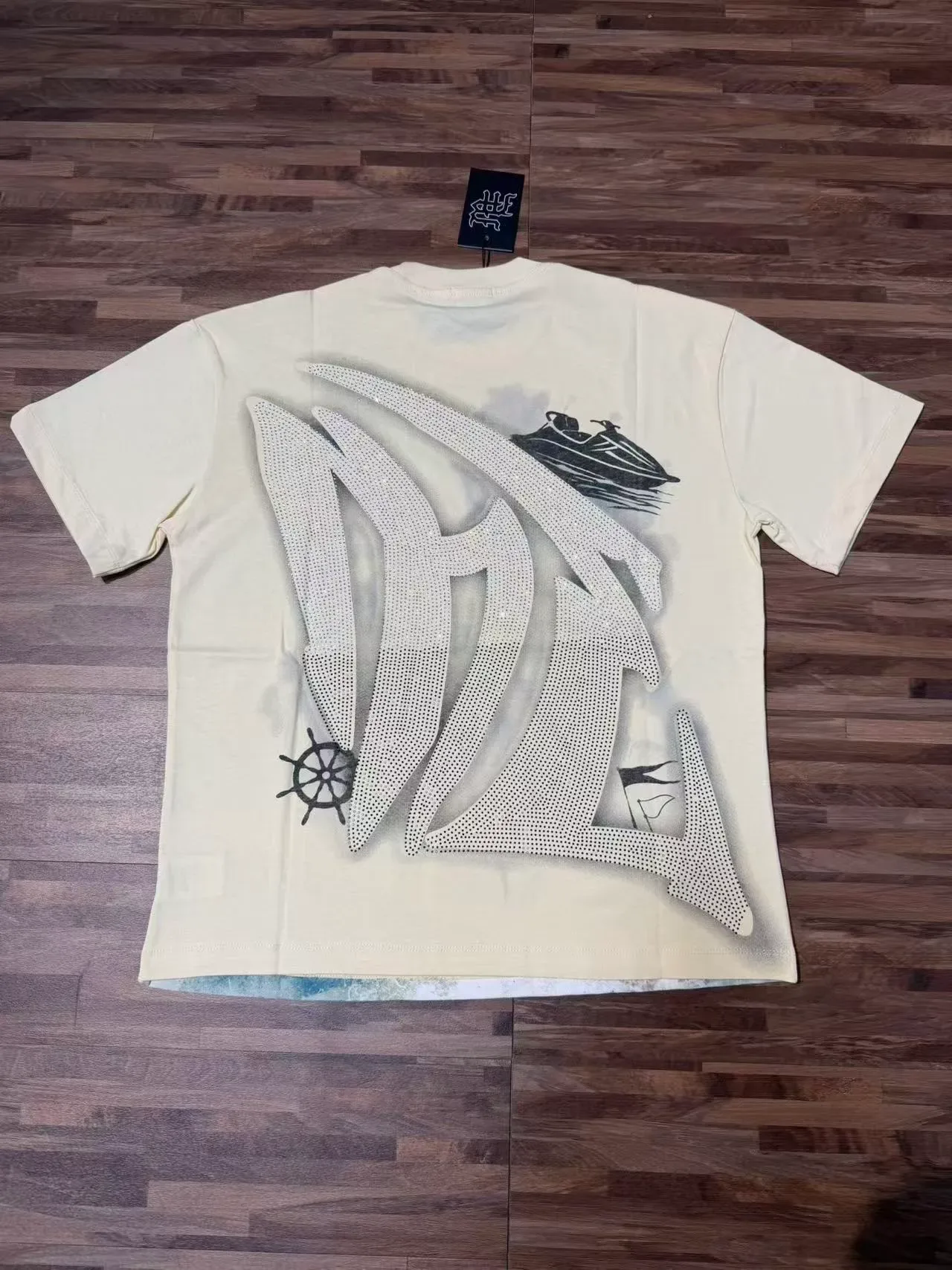 Cream Graphic-Print Rhinestone-Embellished Oversized T-Shirt 3