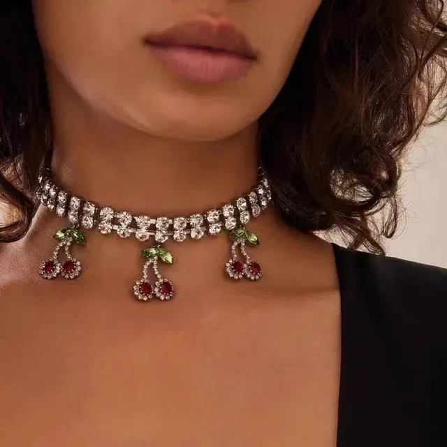Crystal-Encrusted Cherry Dangle Choker Necklace 2