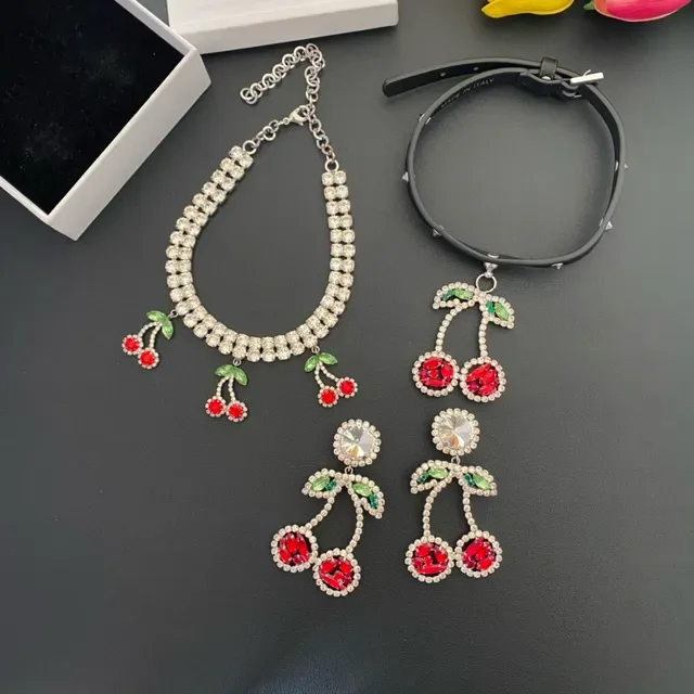 Crystal-Encrusted Cherry Dangle Choker Necklace 4