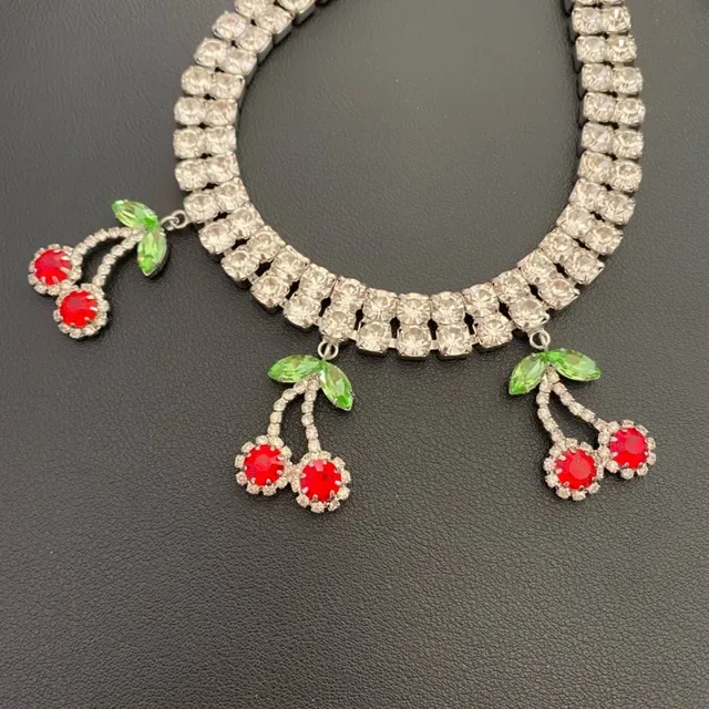 Crystal-Encrusted Cherry Dangle Choker Necklace 7