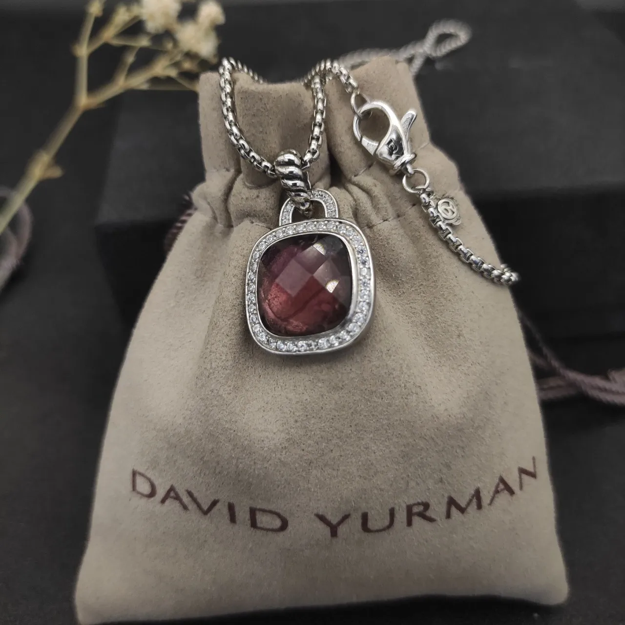 Cushion-Cut Burgundy Gemstone Halo Pendant Necklace 4