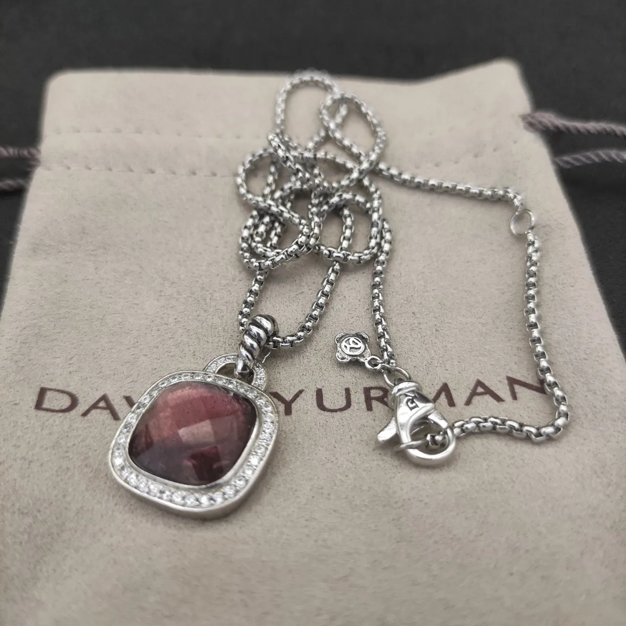Cushion-Cut Burgundy Gemstone Halo Pendant Necklace 5