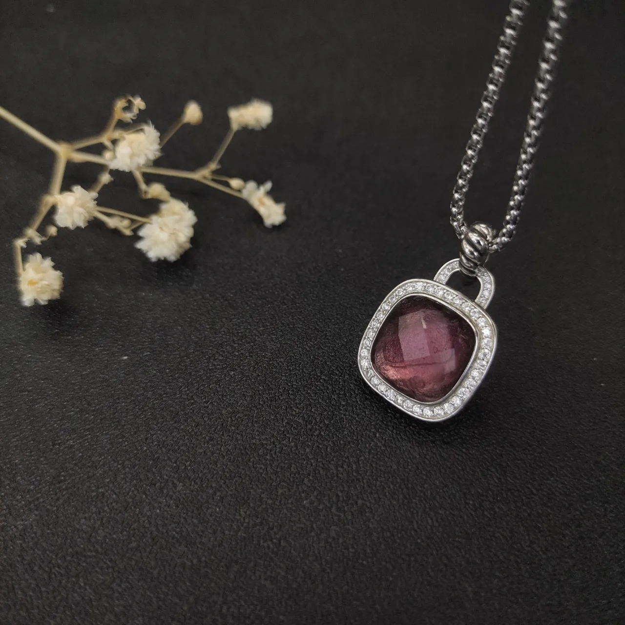 Cushion-Cut Burgundy Gemstone Halo Pendant Necklace 7