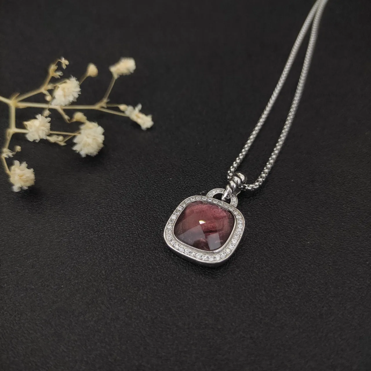 Cushion-Cut Burgundy Gemstone Halo Pendant Necklace 8