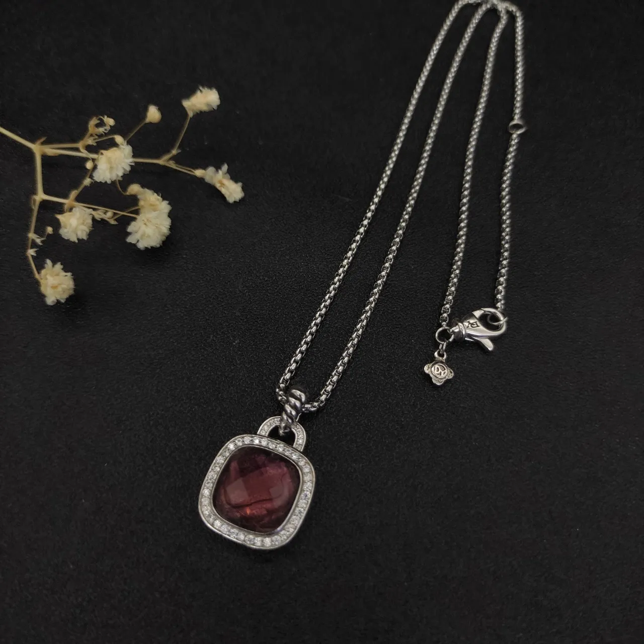 Cushion-Cut Burgundy Gemstone Halo Pendant Necklace 9