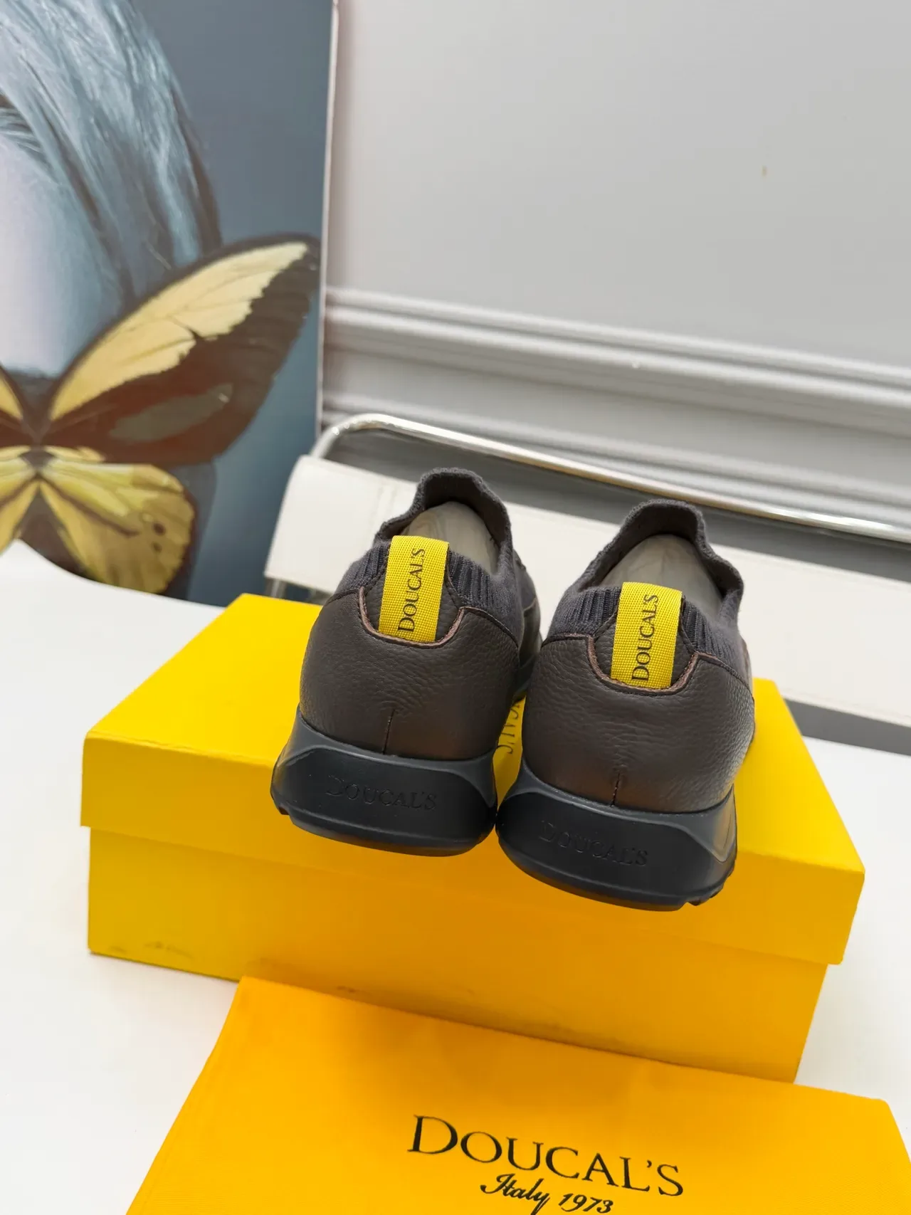 Dark Gray and Yellow Laceless Knit Collar Mesh Leather Sneaker 3