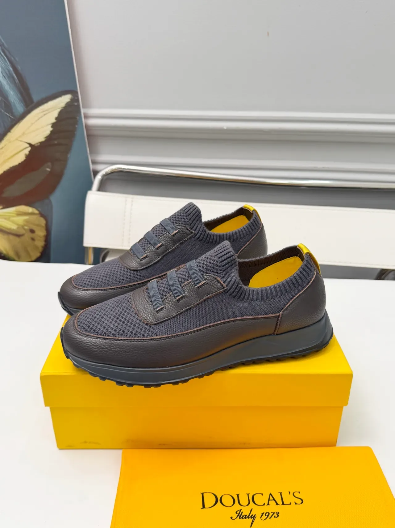 Dark Gray and Yellow Laceless Knit Collar Mesh Leather Sneaker 4