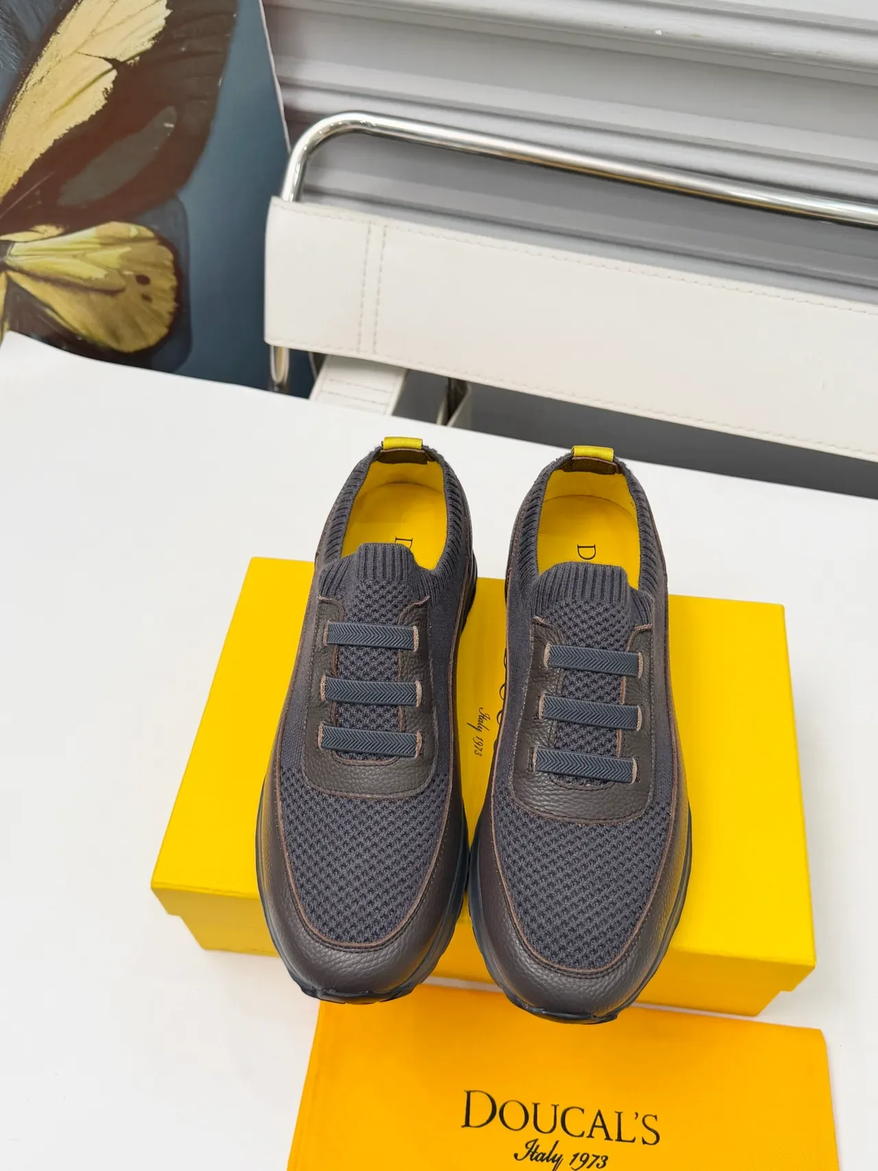 Dark Gray and Yellow Laceless Knit Collar Mesh Leather Sneaker 5