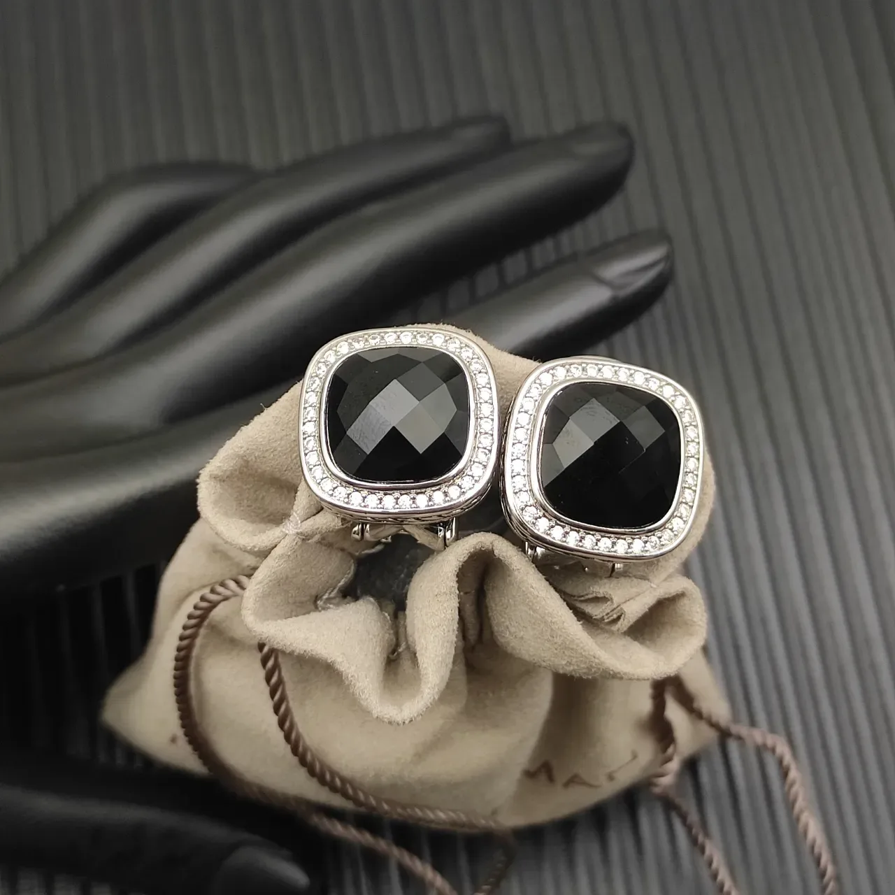 David Yurman Albion Cushion-Cut Black Stone Pavé Halo Earrings 6