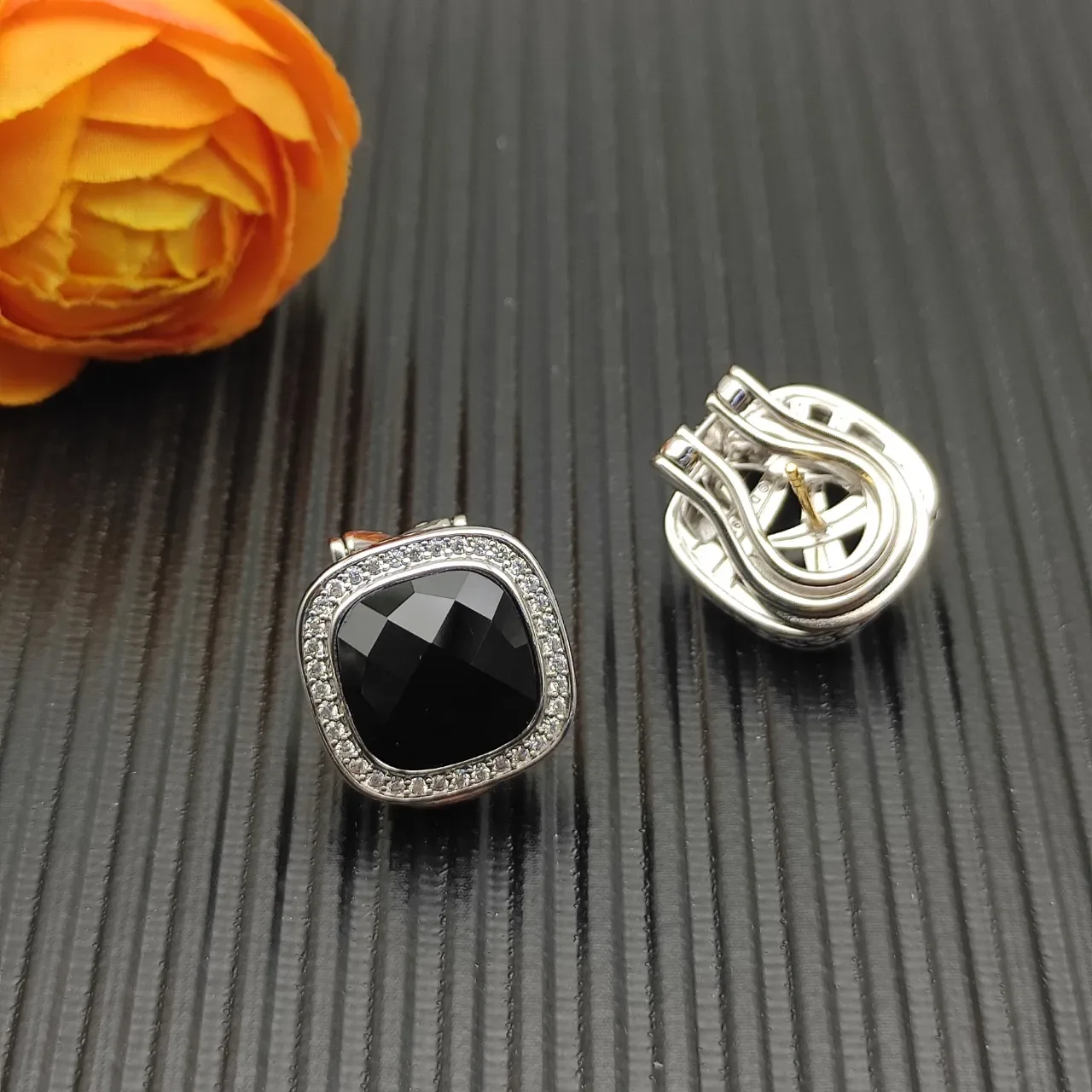 David Yurman Albion Cushion-Cut Black Stone Pavé Halo Earrings 9