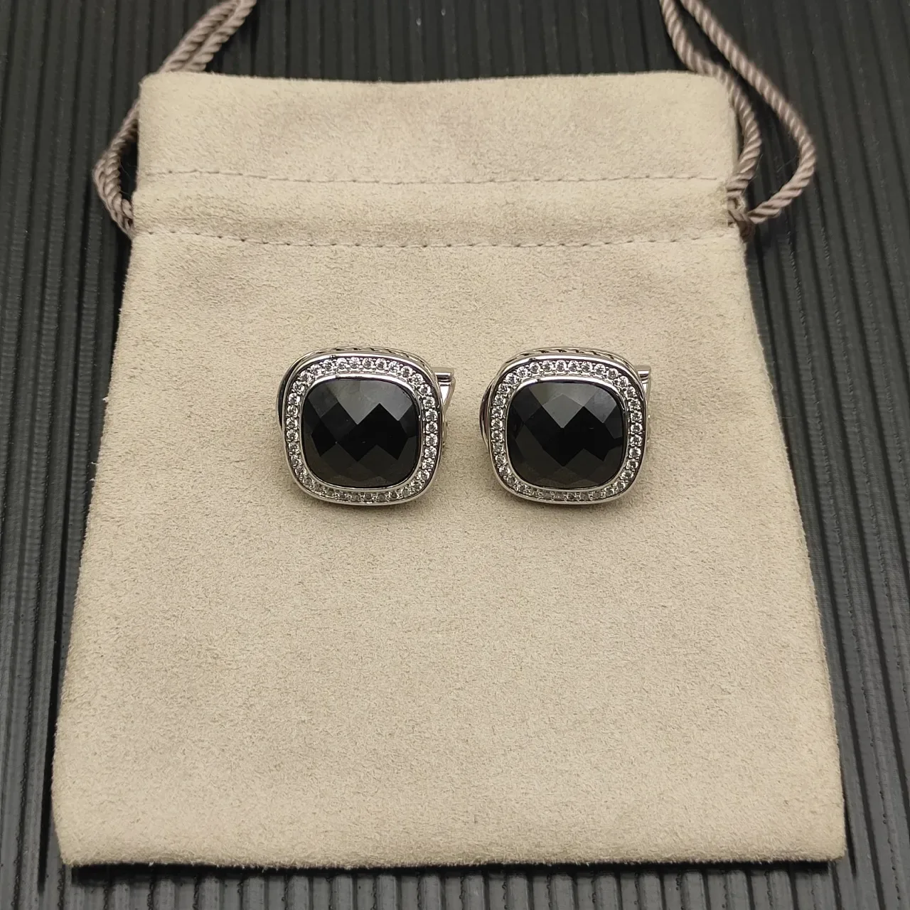 David Yurman Albion Cushion-Cut Black Stone Pavé Halo Earrings 11
