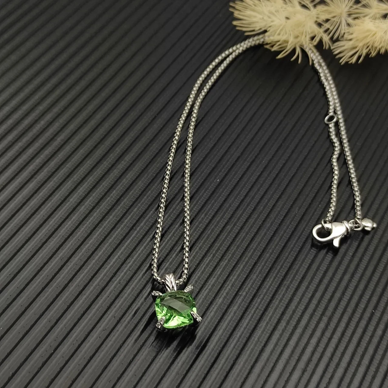 David Yurman Albion Green Silver Cushion-Cut Gemstone Four-Prong Diamond Accents Necklace 6