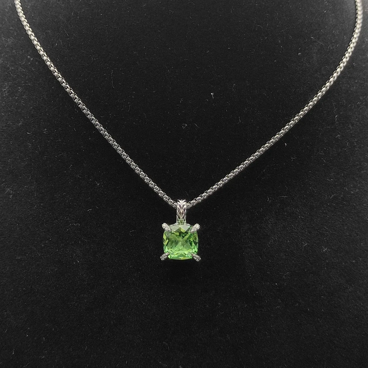 David Yurman Albion Green Silver Cushion-Cut Gemstone Four-Prong Diamond Accents Necklace 8