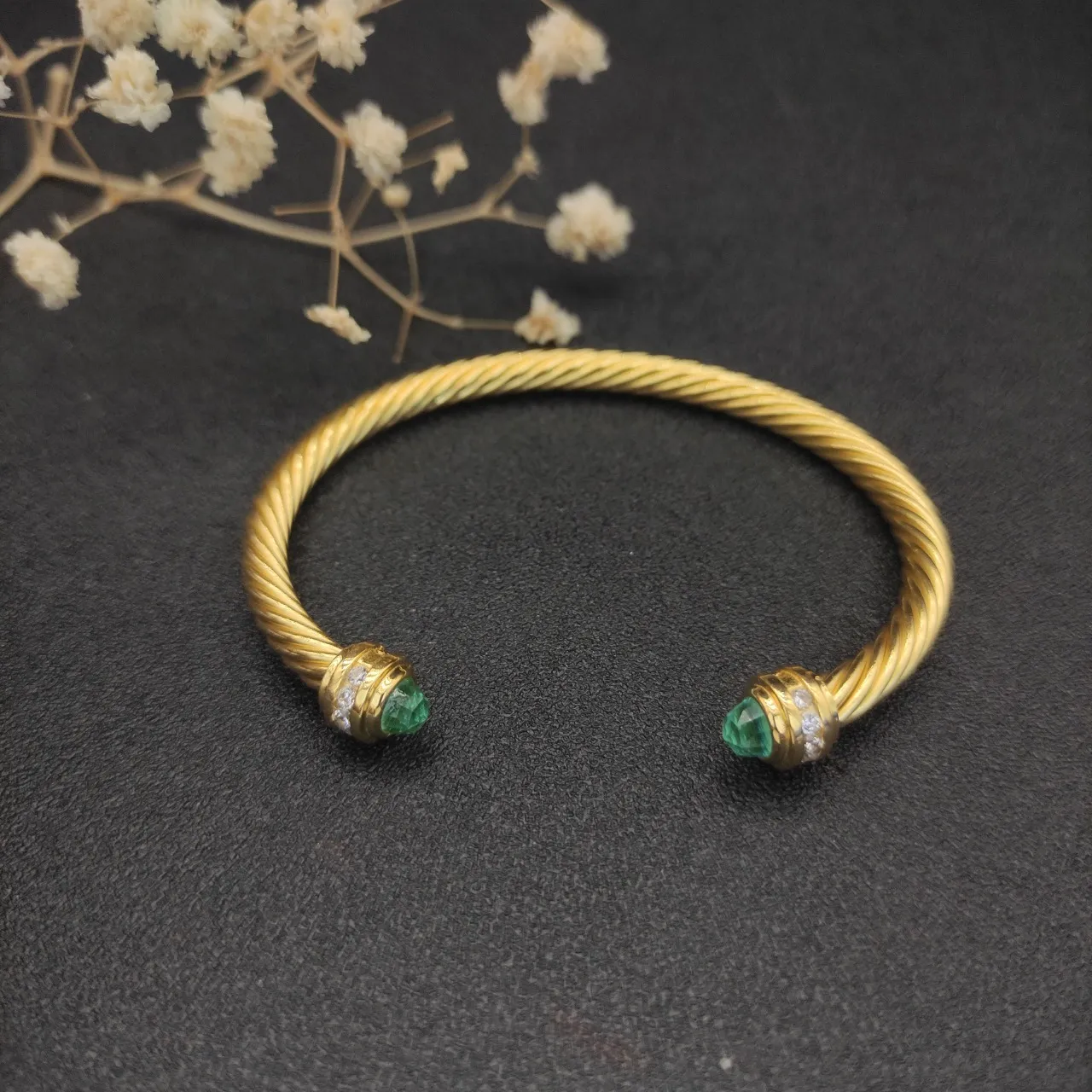 David Yurman Cable Classics Gold Green Twisted Gem-Set End Caps Bracelet 7