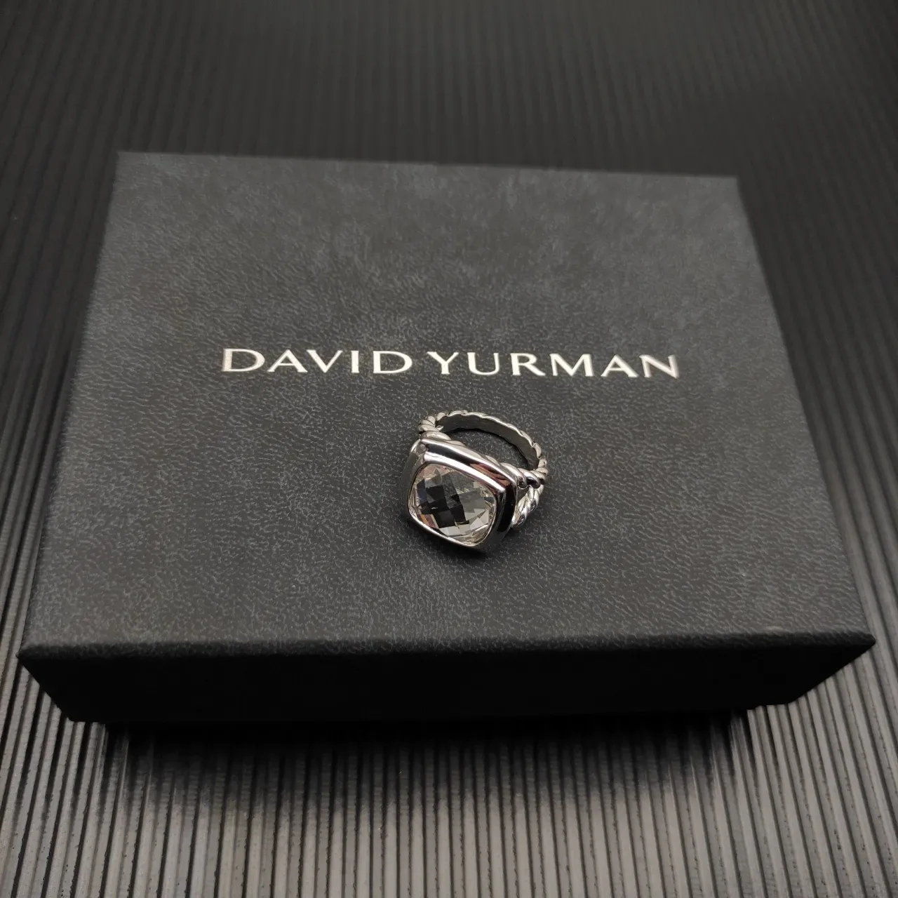 David Yurman Cable Classics Silver Beige Twisted Band Cushion-Cut Clear Stone Ring 5