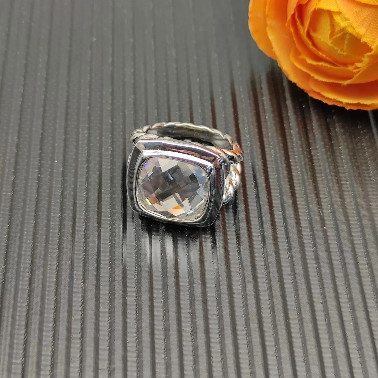David Yurman Cable Classics Silver Beige Twisted Band Cushion-Cut Clear Stone Ring 7