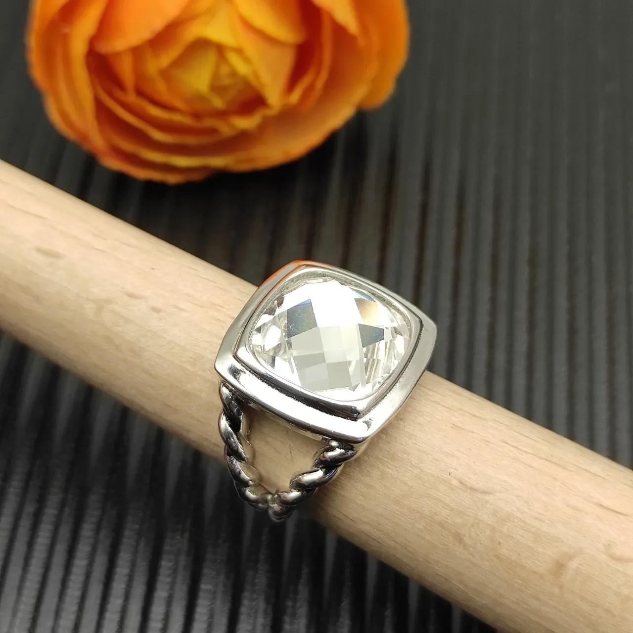 David Yurman Cable Classics Silver Beige Twisted Band Cushion-Cut Clear Stone Ring 8