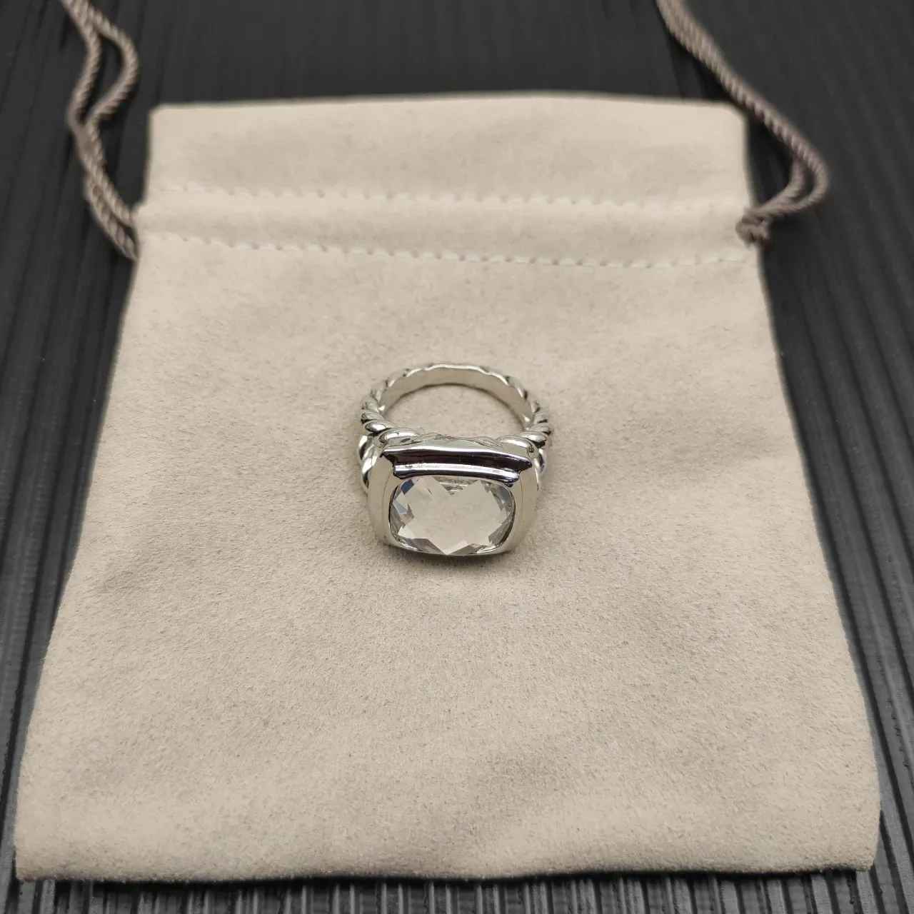 David Yurman Cable Classics Silver Beige Twisted Band Cushion-Cut Clear Stone Ring 9