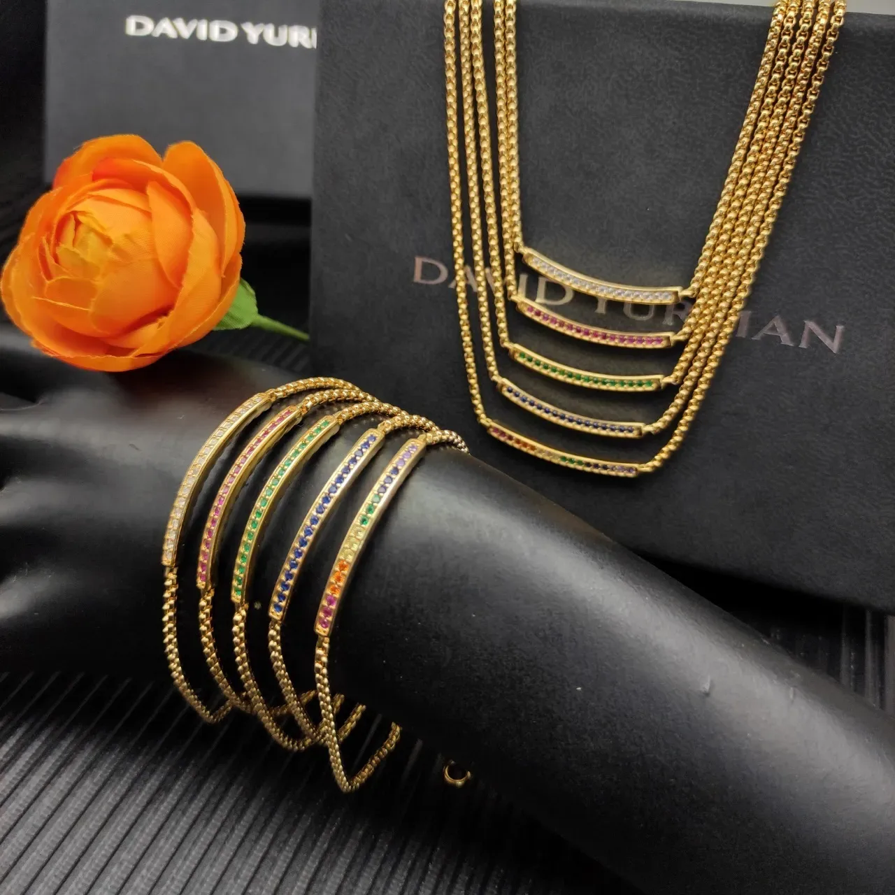 David Yurman Gold Beige Box Chain Curved Bar Pendant Necklace 3