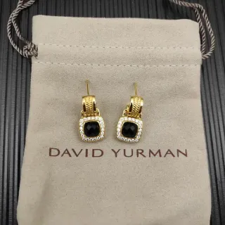 David Yurman Gold Black Cable Motif Square Bezel Earrings