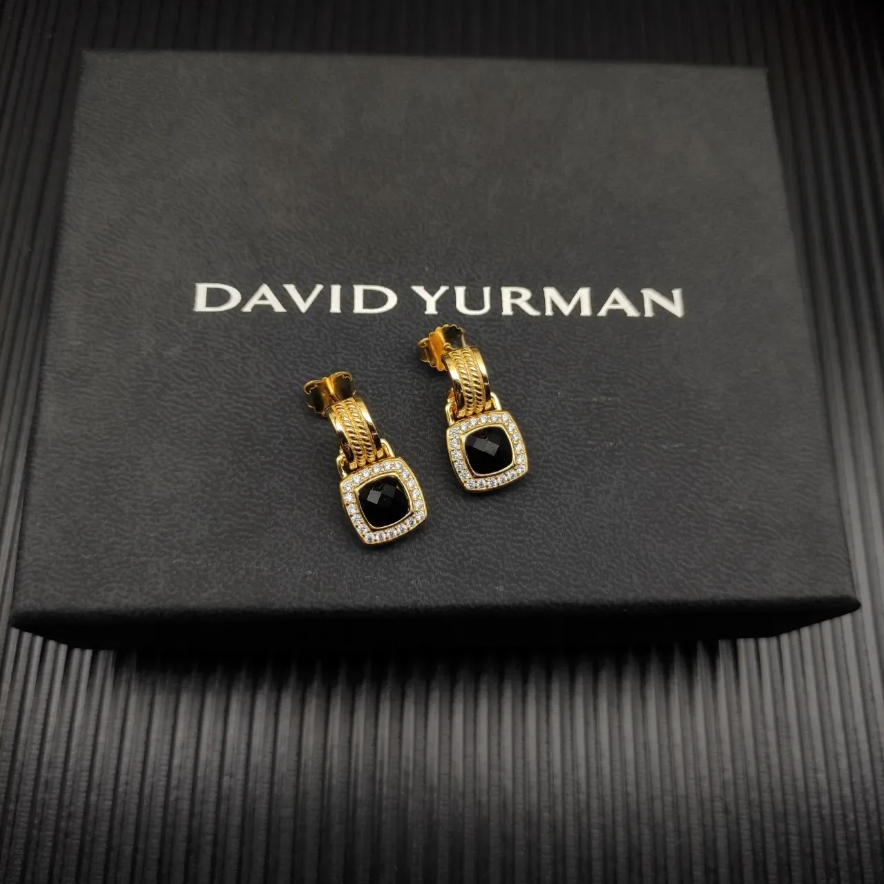 David Yurman Gold Black Cable Motif Square Bezel Earrings 3
