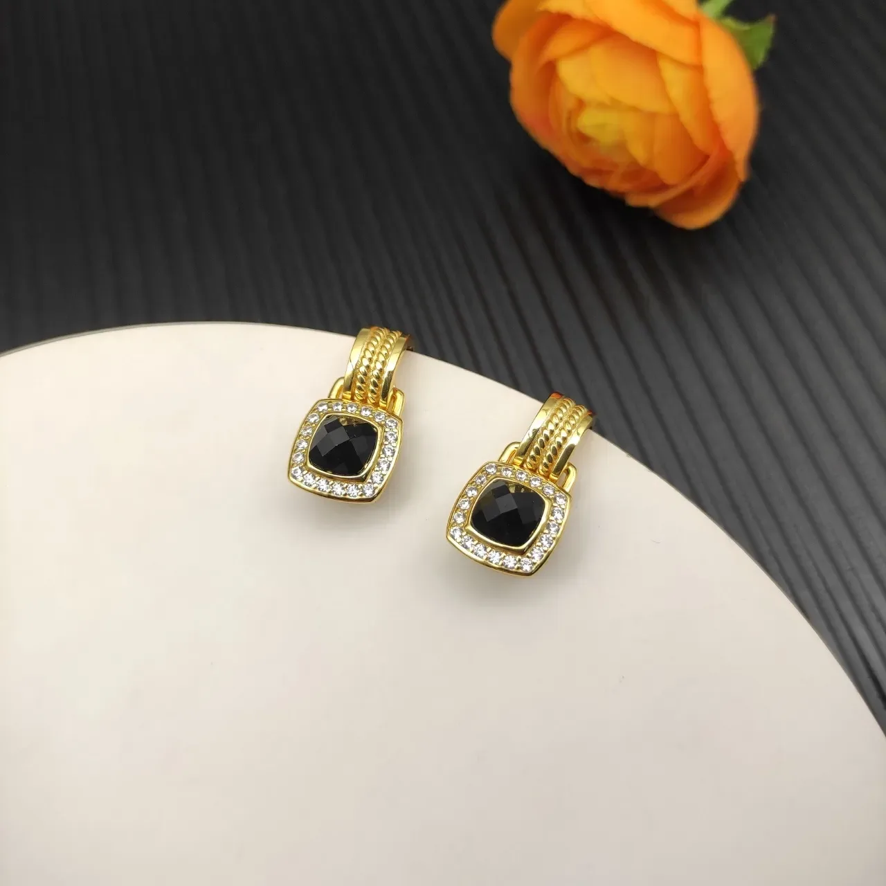 David Yurman Gold Black Cable Motif Square Bezel Earrings 4