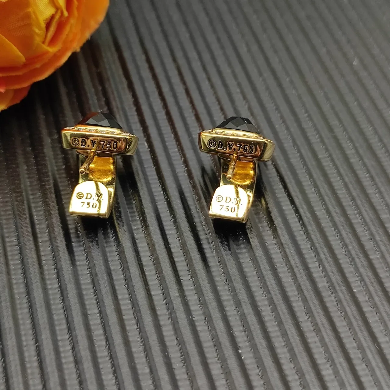 David Yurman Gold Black Cable Motif Square Bezel Earrings 5