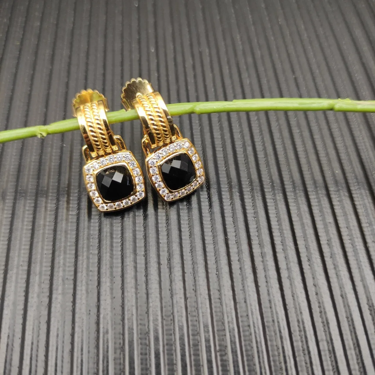 David Yurman Gold Black Cable Motif Square Bezel Earrings 6