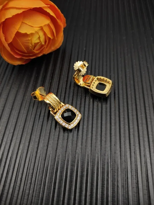 David Yurman Gold Black Cable Motif Square Bezel Earrings 8