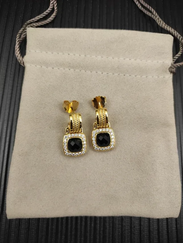 David Yurman Gold Black Cable Motif Square Bezel Earrings 9