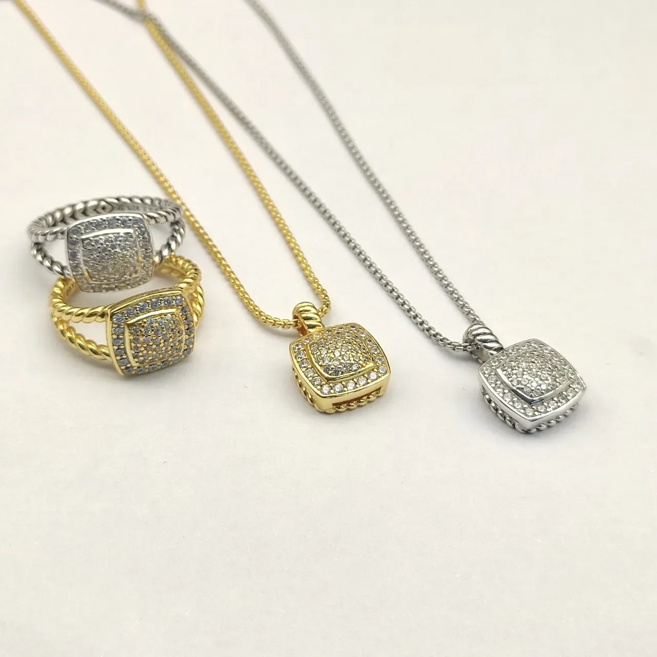 David Yurman Gold White Twisted Cable Band Square Pavé-Set Face Ring 2