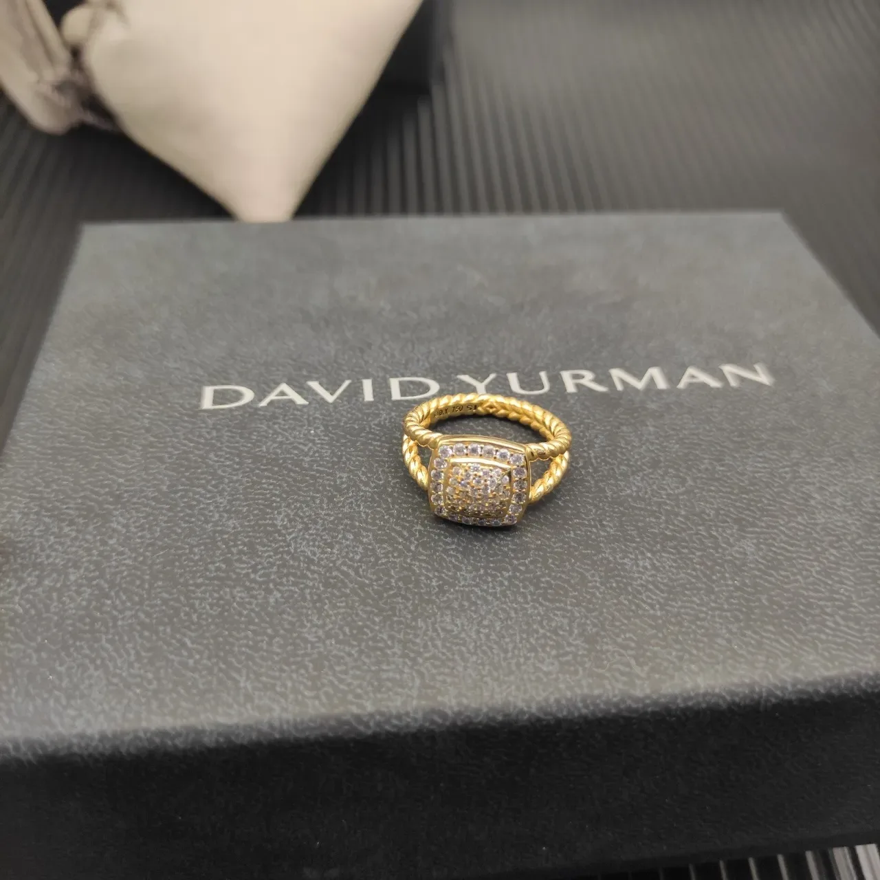 David Yurman Gold White Twisted Cable Band Square Pavé-Set Face Ring 4