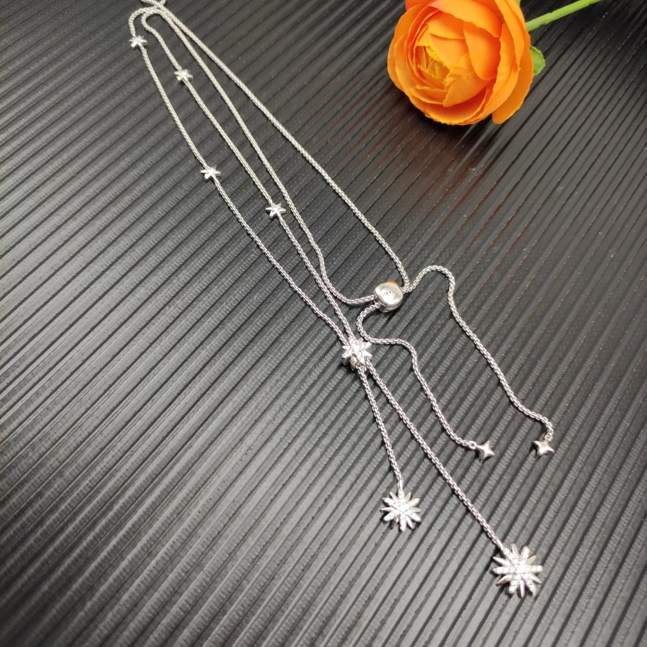 David Yurman Starburst Silver Beige Lariat-Style Pavé-Set Motifs Necklace 4