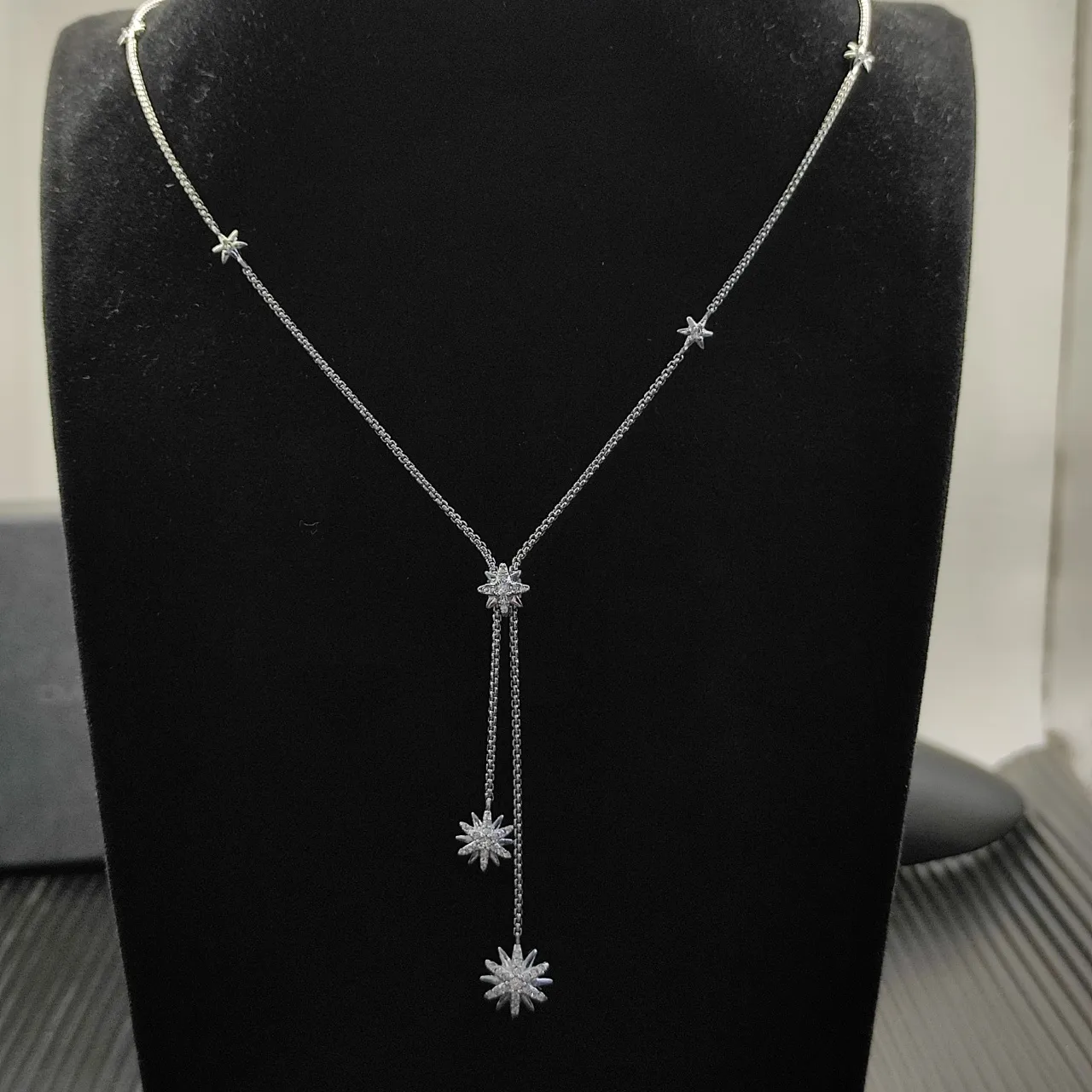 David Yurman Starburst Silver Beige Lariat-Style Pavé-Set Motifs Necklace 6