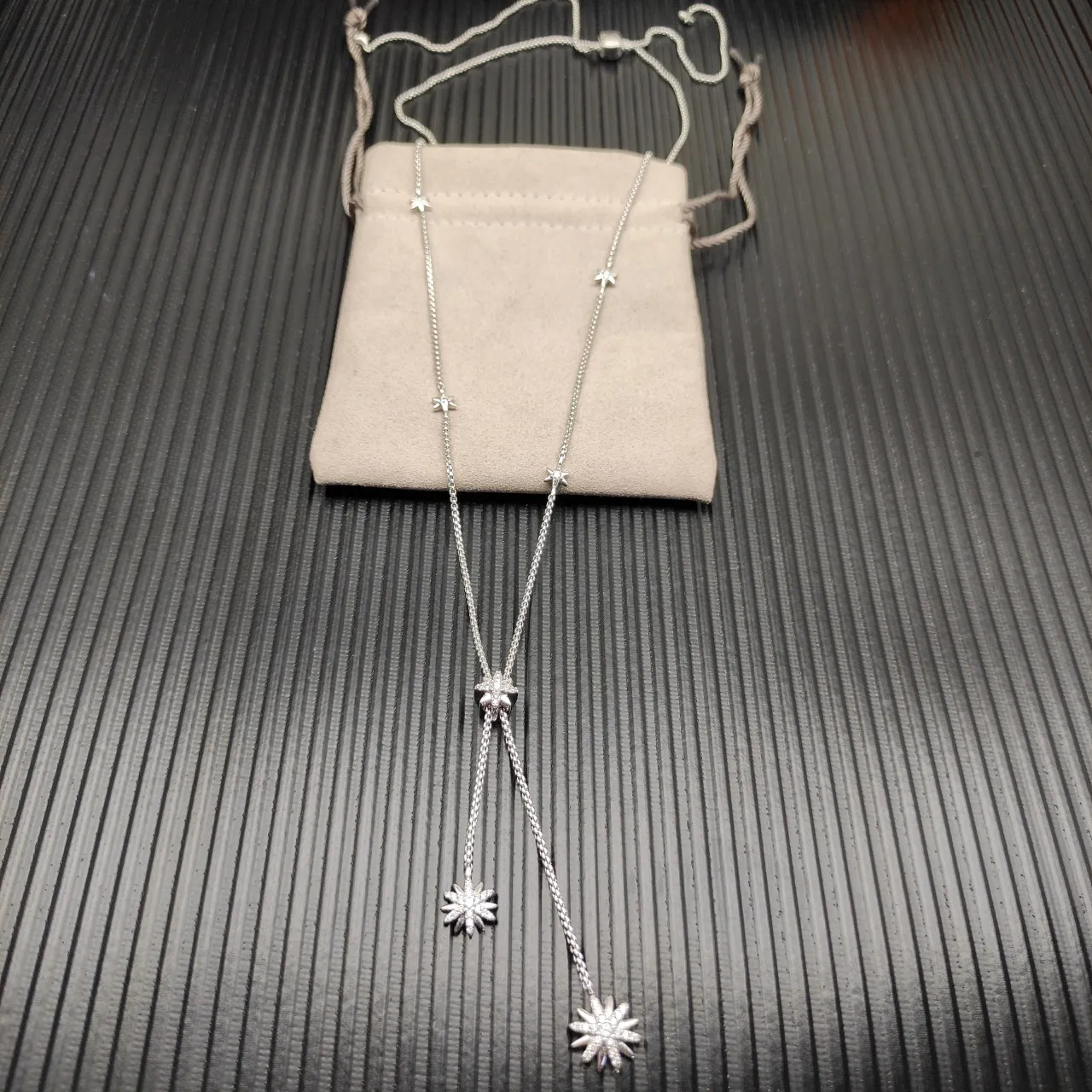 David Yurman Starburst Silver Beige Lariat-Style Pavé-Set Motifs Necklace 8