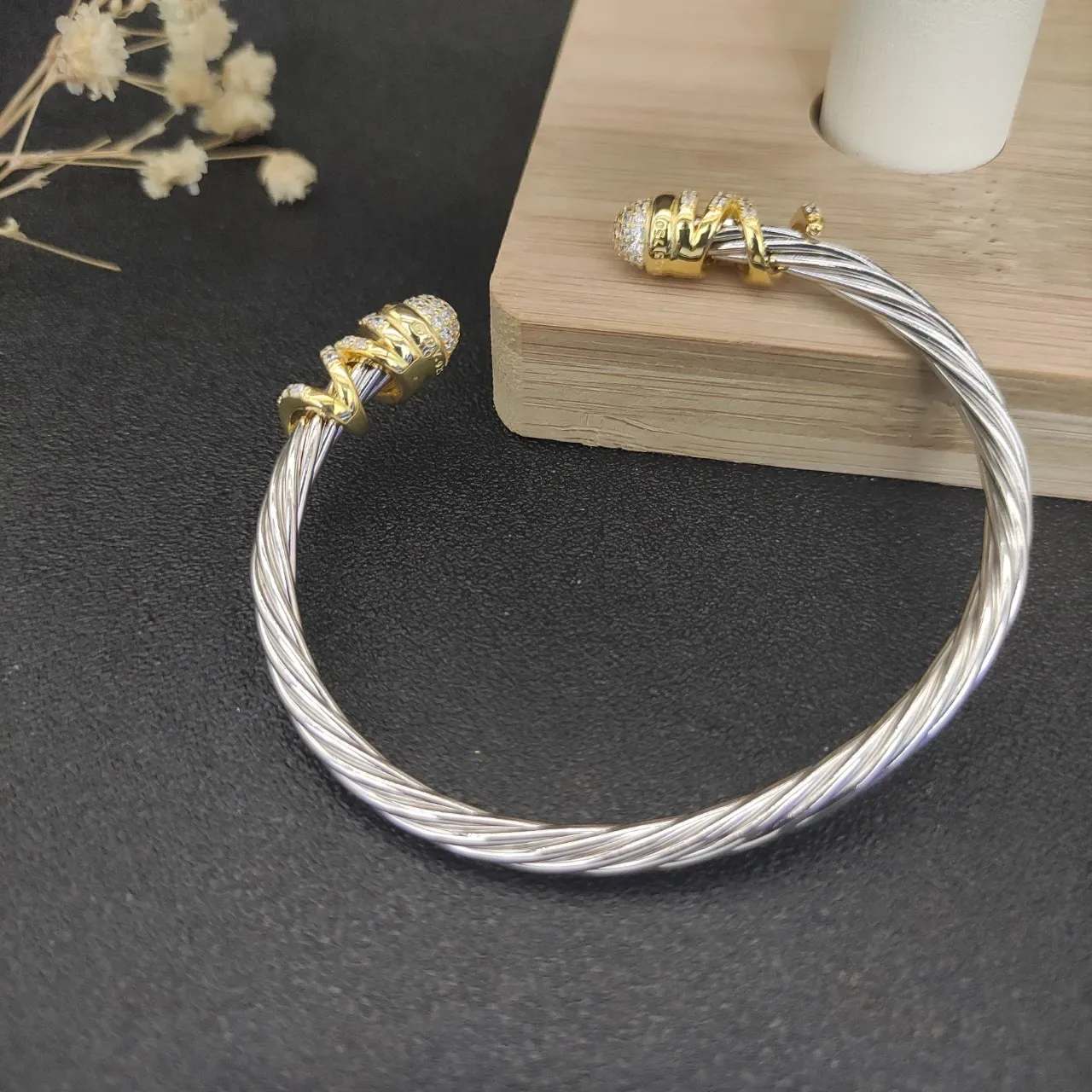 David Yurman Twisted Cable Two-Tone Diamond Pavé End Cap Bracelet 5