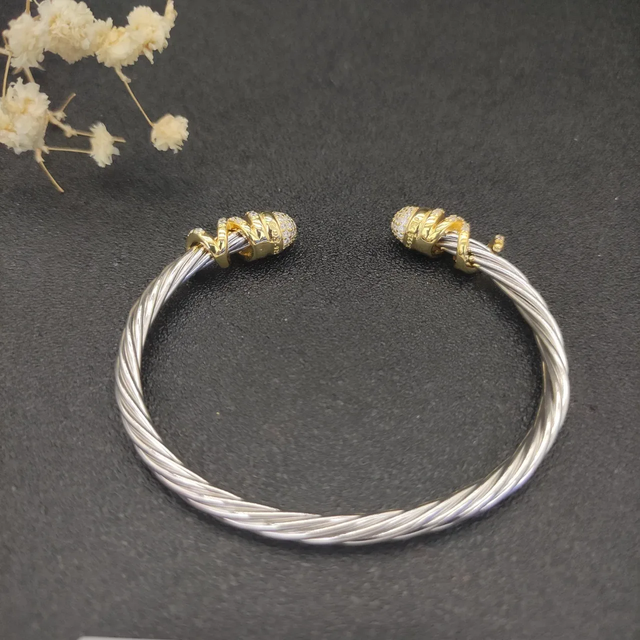 David Yurman Twisted Cable Two-Tone Diamond Pavé End Cap Bracelet 8