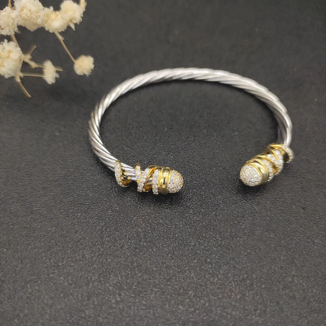 David Yurman Twisted Cable Two-Tone Diamond Pavé End Cap Bracelet 9