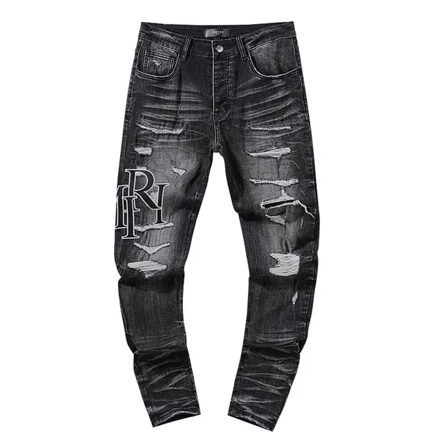 Distressed Ripped Embroidered Monogram Black Jeans 2