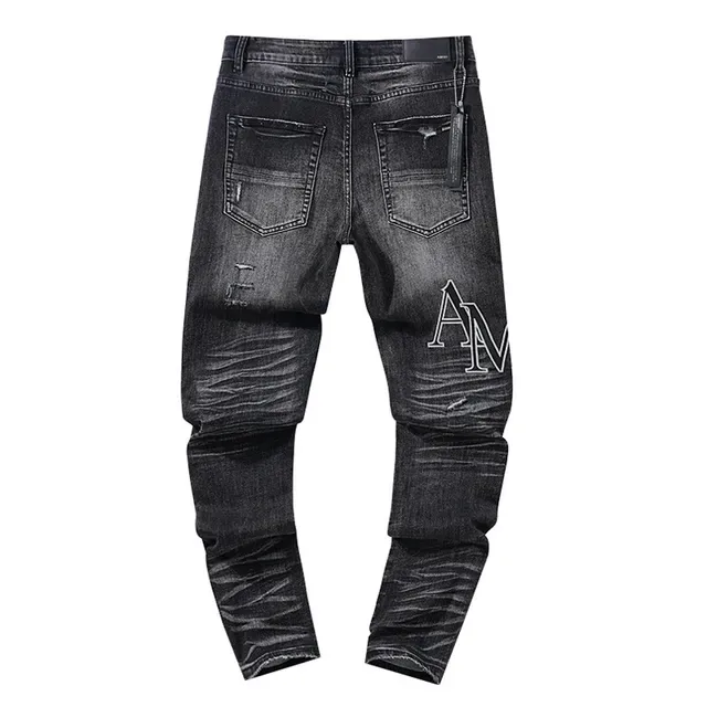 Distressed Ripped Embroidered Monogram Black Jeans 3