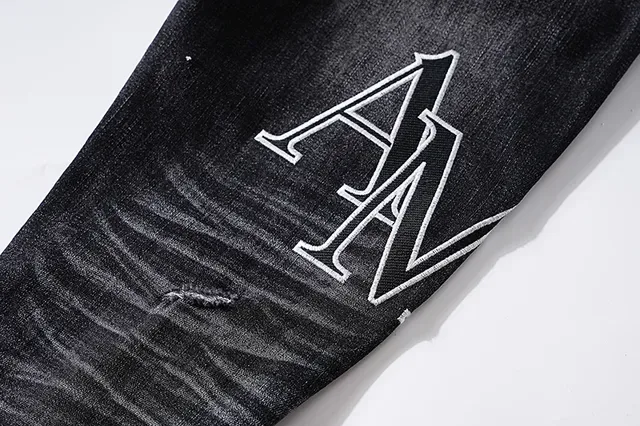Distressed Ripped Embroidered Monogram Black Jeans 11